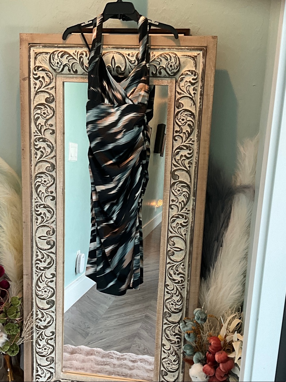 London Times Black, White & Taupe Halter Midi Dress